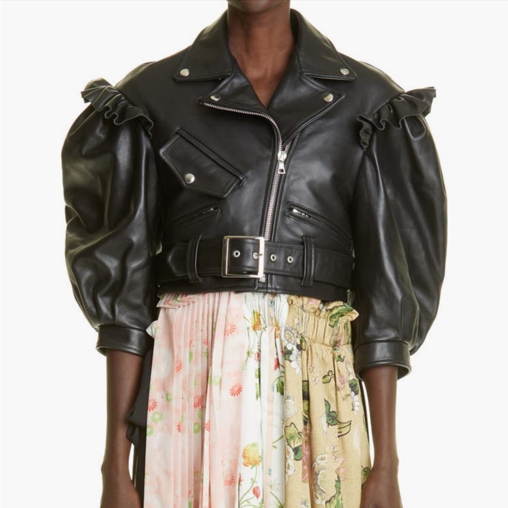 Simone Rocha Black Leather Jacket with Ruffle Accents